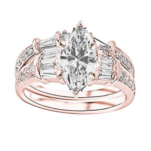 1.29 Ctw 14K Rose Gold Baguette Round GIA Certified Diamond Engagement Ring Wedding Bridal Band Set Marquise Shape (0.54 Ct K Color VVS1 Clarity Center Stone)