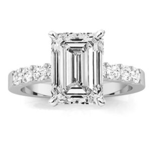 1 Carat 14K White Gold Classic Prong Set Round Emerald Cut Diamond Engagement Ring (0.5 Ct I Color VS2 Clarity Center Stone)