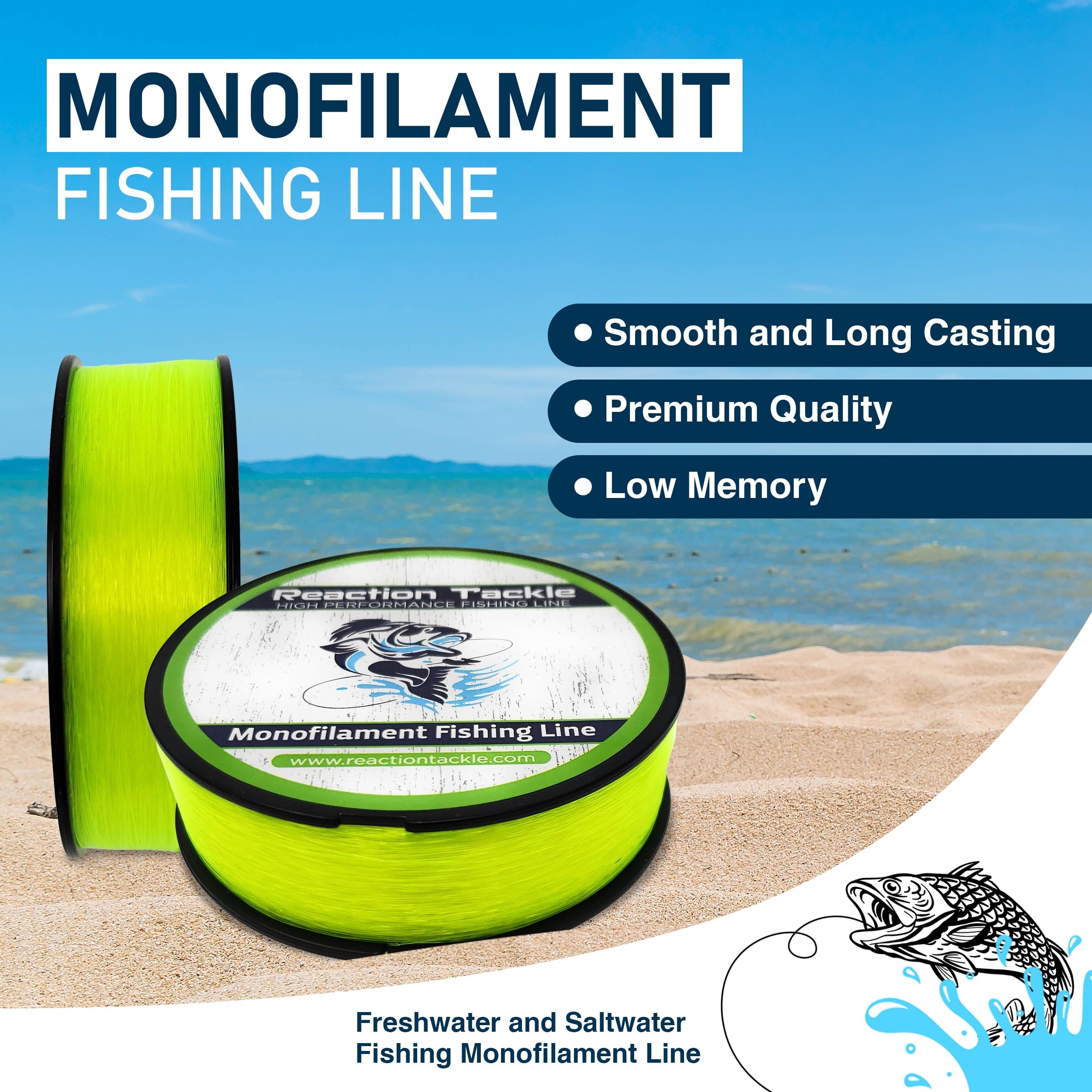 Reaction Tackle Monofilament Fishing Line- Strong and Abrasion-Resistant Nylon Mono Fishing Line, Freshwater and Saltwater Fishing Line Hi Vis Green 4/3000