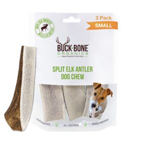 buck bone organics dog chews, elk antlers for dogs, long lasting dog bones for aggressive chewers, all natural, no preservatives, wild shed in the usa (small 3 pack)