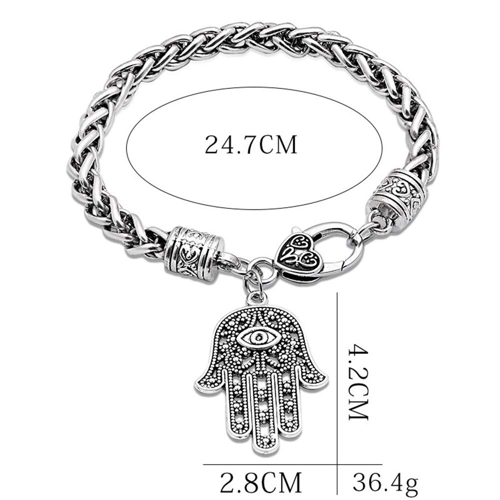 AILUOR Hamsa Hand of Fatima Silver Bracelet - Evil Eye Protection Silver Tone Alloy Charm Jewelry Lucky Success Pendant Friendship Handmade Bracelet Men Women (Silver)