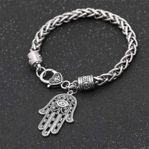 AILUOR Hamsa Hand of Fatima Silver Bracelet - Evil Eye Protection Silver Tone Alloy Charm Jewelry Lucky Success Pendant Friendship Handmade Bracelet Men Women (Silver)