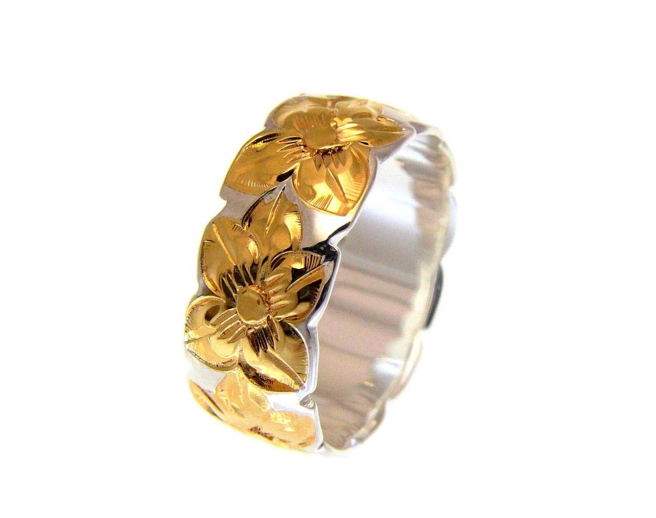 Arthur's Jewelry 925 sterling silver Hawaiian plumeria flower all around 2 tone yellow gold plated 8mm band ring size 14