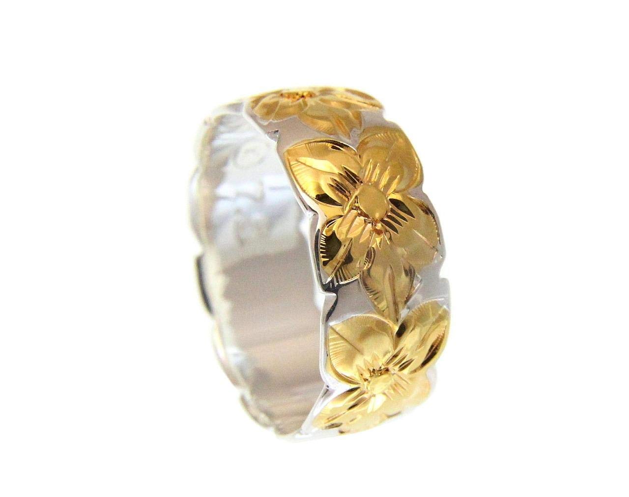 Arthur's Jewelry 925 sterling silver Hawaiian plumeria flower all around 2 tone yellow gold plated 8mm band ring size 14