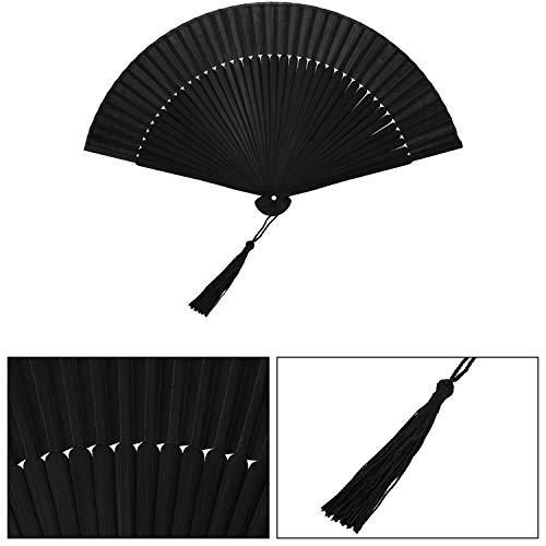 2 Pieces Silk Folding Hand Fan Black Bamboo Handheld Fan Chinese Folded Fan with Tassel for Dance Party Home Decorations (Classic Style)