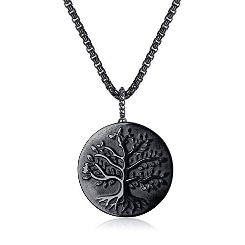 COAI Tree of Life Healing Crystal Black Obsidian Necklace Stainless Steel Box Chain