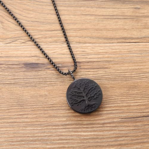 COAI Tree of Life Healing Crystal Black Obsidian Necklace Stainless Steel Box Chain