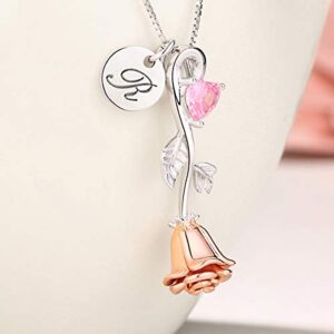 Getname Necklace Personalized Rose Heart Birthstone Necklace with A Initial Round Tag 925 Sterling Silver for Her Women Valentine?¡¥ Day Gifts