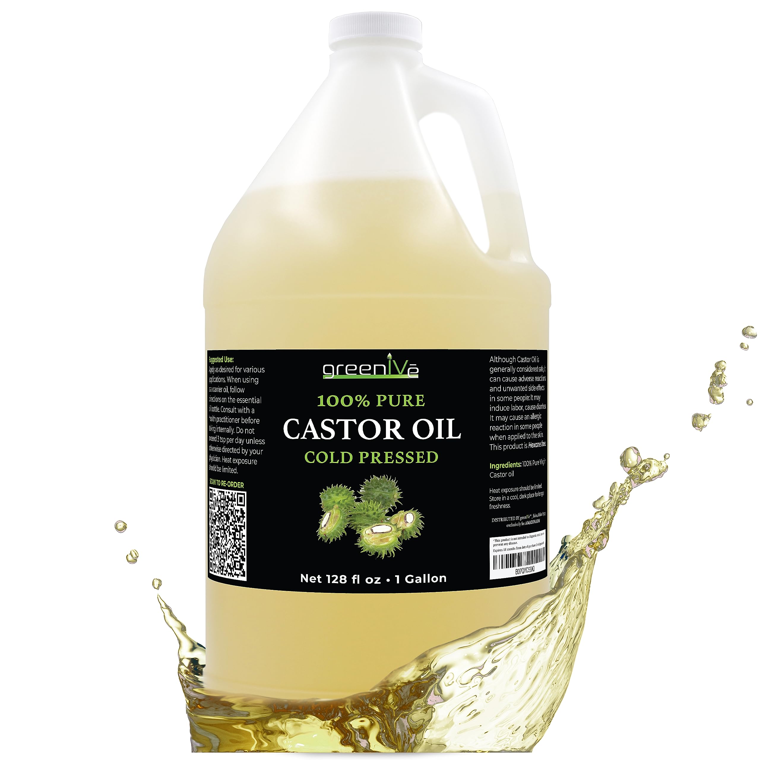 GreenIVe Castor Oil Organically Grown 100% Pure 128oz (1 Gallon) Bottle Cold Pressed, Hexane Free, Eyelash and Eybrow Growth Serum, Skin Moisturizer Detox and Wraps