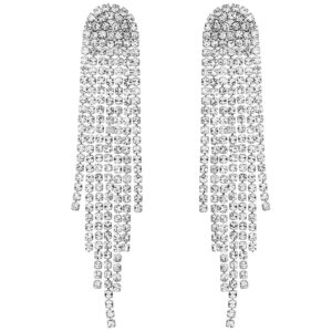 Mlouye Long Crystal Tassel Earrings Fringe for Wedding Women Bridal Dangling Chain Dangle Drop Earring Silver Tone Clear