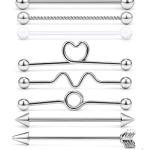 Lcolyoli 10Pcs 14G Surgical Steel Industrial Barbell for Women Men Cartilage Earring Bar Body Piercing Jewelry Retainer 1 1/2 Inch 38mm Silver-tone Ball Spike Arrow Screw Bioflex Acrylic Heart