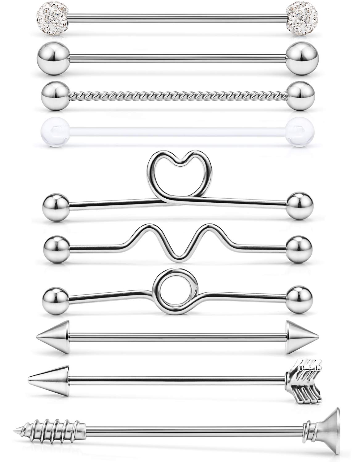 Lcolyoli 10Pcs 14G Surgical Steel Industrial Barbell for Women Men Cartilage Earring Bar Body Piercing Jewelry Retainer 1 1/2 Inch 38mm Silver-tone Ball Spike Arrow Screw Bioflex Acrylic Heart