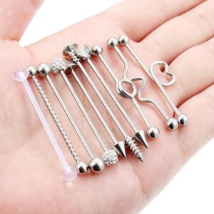 Lcolyoli 10Pcs 14G Surgical Steel Industrial Barbell for Women Men Cartilage Earring Bar Body Piercing Jewelry Retainer 1 1/2 Inch 38mm Silver-tone Ball Spike Arrow Screw Bioflex Acrylic Heart