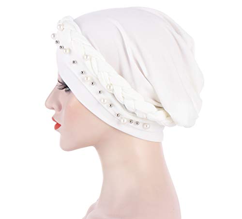 Fxhixiy Women Hijab Beading Pearl Braid Turban Hat Head Scarf Cancer Chemo Beanies Bandana Headwrap Cap (White)