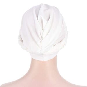 Fxhixiy Women Hijab Beading Pearl Braid Turban Hat Head Scarf Cancer Chemo Beanies Bandana Headwrap Cap (White)