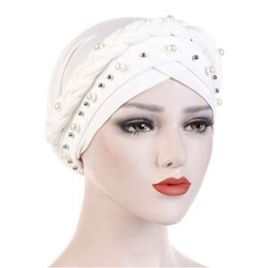 Fxhixiy Women Hijab Beading Pearl Braid Turban Hat Head Scarf Cancer Chemo Beanies Bandana Headwrap Cap (White)