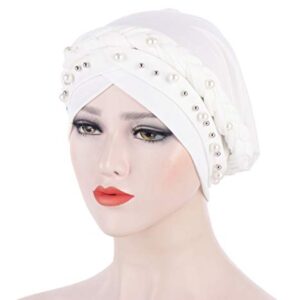 Fxhixiy Women Hijab Beading Pearl Braid Turban Hat Head Scarf Cancer Chemo Beanies Bandana Headwrap Cap (White)