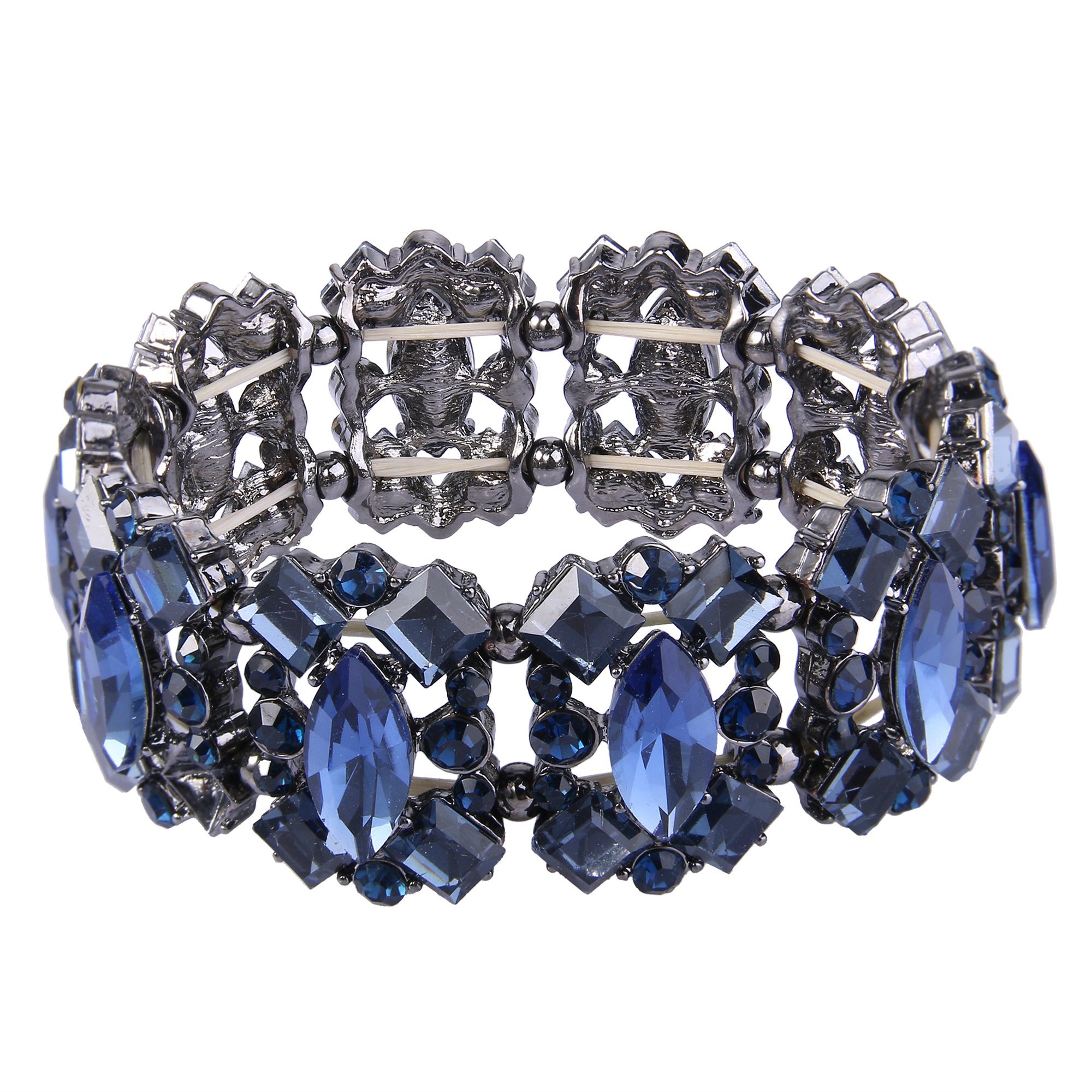 EVER FAITH Navy Blue Rhinestone Crystal Art Deco Wedding Banquet Elastic Stretch Bracelet Black-Tone