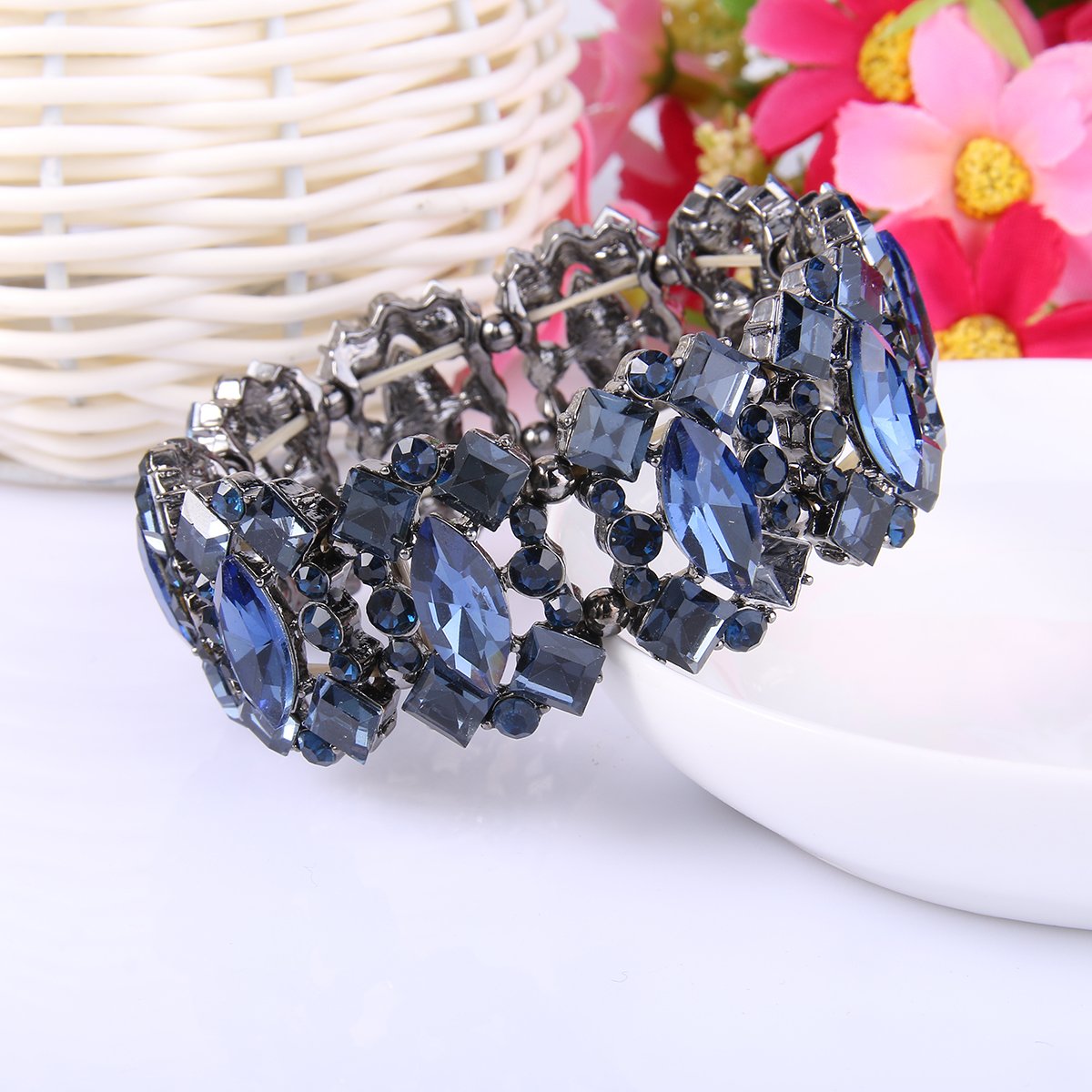 EVER FAITH Navy Blue Rhinestone Crystal Art Deco Wedding Banquet Elastic Stretch Bracelet Black-Tone