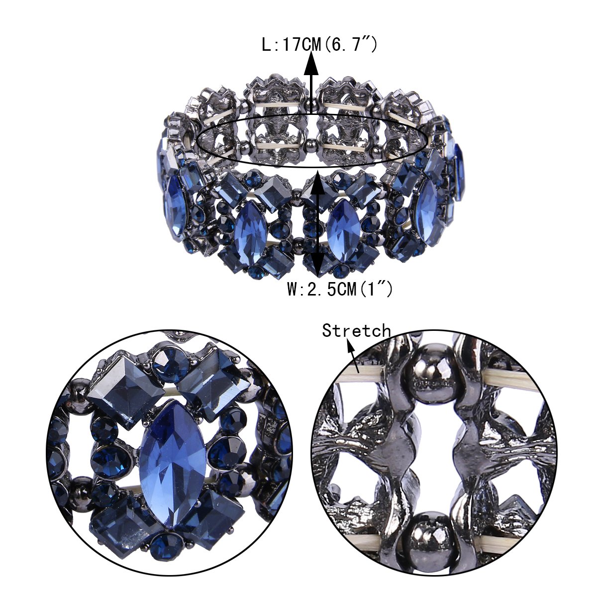 EVER FAITH Navy Blue Rhinestone Crystal Art Deco Wedding Banquet Elastic Stretch Bracelet Black-Tone