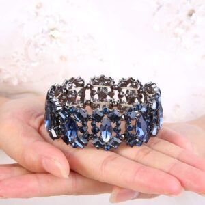 EVER FAITH Navy Blue Rhinestone Crystal Art Deco Wedding Banquet Elastic Stretch Bracelet Black-Tone