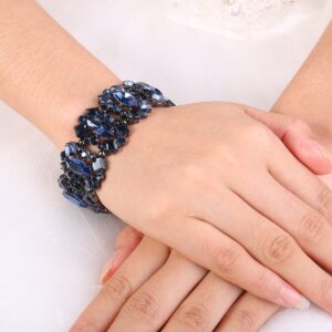 EVER FAITH Navy Blue Rhinestone Crystal Art Deco Wedding Banquet Elastic Stretch Bracelet Black-Tone