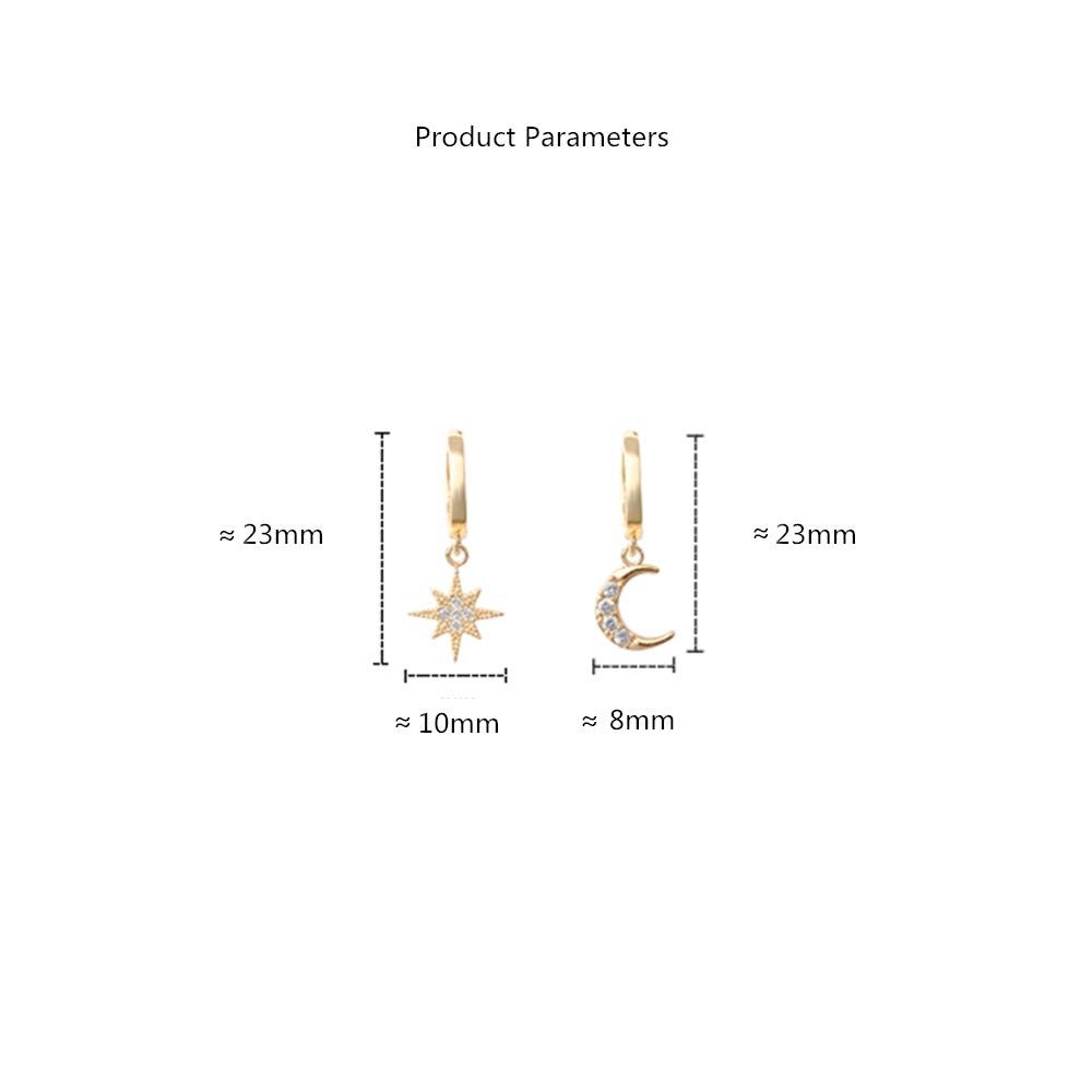 Crystal Moon Star Dangle Hoop Earrings for Women S925 Sterling Silver with Charms Asymmetrical CZ Diamond Drop Cartilage Cute Jewelry Delicate Fashion Birthday Best Friend Gold Plated