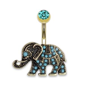 Pierce2GO Tribal Gold Elephant Belly Button Ring - 316L Surgical Grade Stainless-Steel Belly Button Rings Studded with Faux Blue Pearls - Belly Piercings Navel Ring for Women