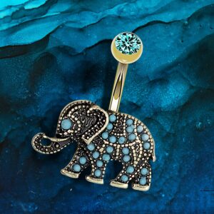 Pierce2GO Tribal Gold Elephant Belly Button Ring - 316L Surgical Grade Stainless-Steel Belly Button Rings Studded with Faux Blue Pearls - Belly Piercings Navel Ring for Women