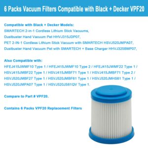 Lemige 6 Packs VPF20 Replacement Filters for Black and Decker Smartech Pet 2-in-1 Stick Vacuum