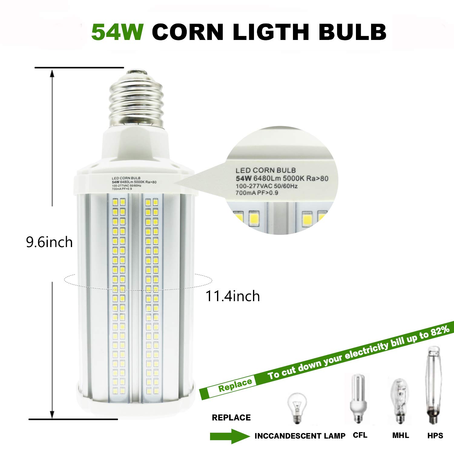 54W LED Corn Light Bulb Super Bright（400 Watt Equivalent 7020 Lumens 5000K E40 Large Mogul Base Large Area Cool Daylight White for Indoor Garage Warehouse High Bay Barn Parking Lot Patio