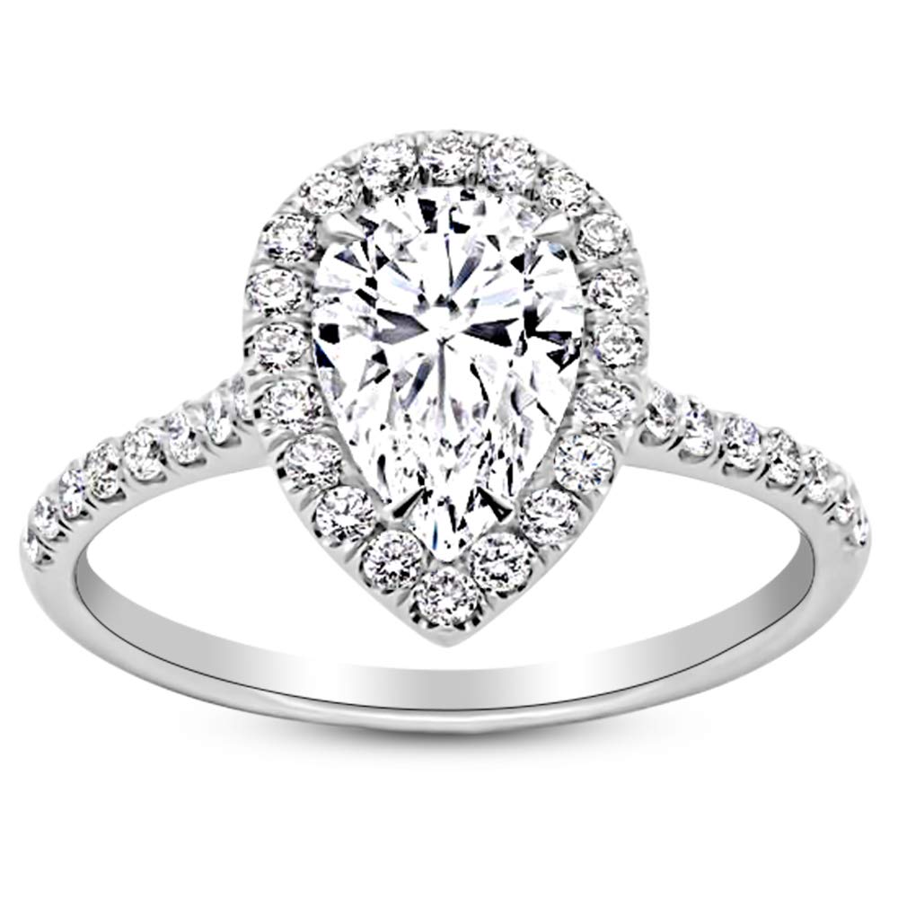 Houston Diamond District 1 Carat 14K White Gold Halo Pear Cut Diamond Engagement Ring (0.5 Ct D Color SI1 Clarity Center Stone), 5.5