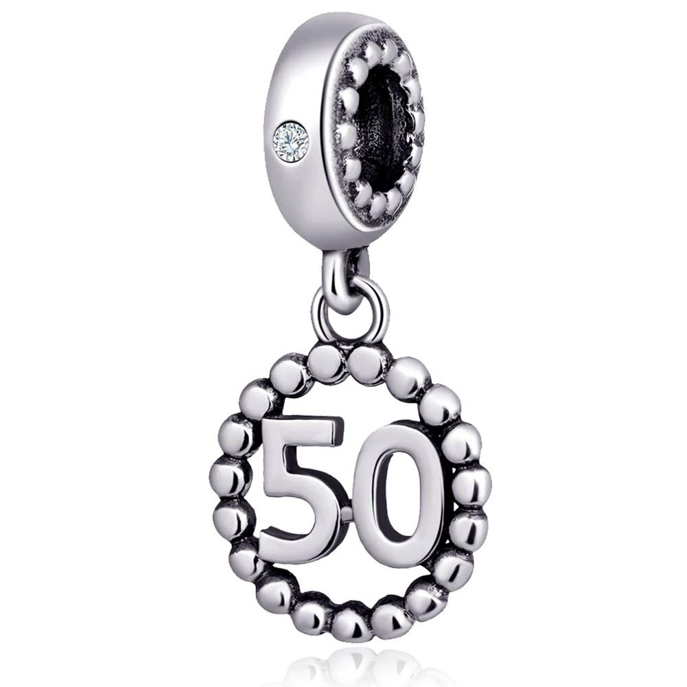 50 Anniversary Birthday Number Charms for Pandora Charm Bracelet, 925 Sterling Silver 50th Milestone Beads Inlay CZ Birthstone Dangle Pendant, Gifts for Mother/Wife/Family