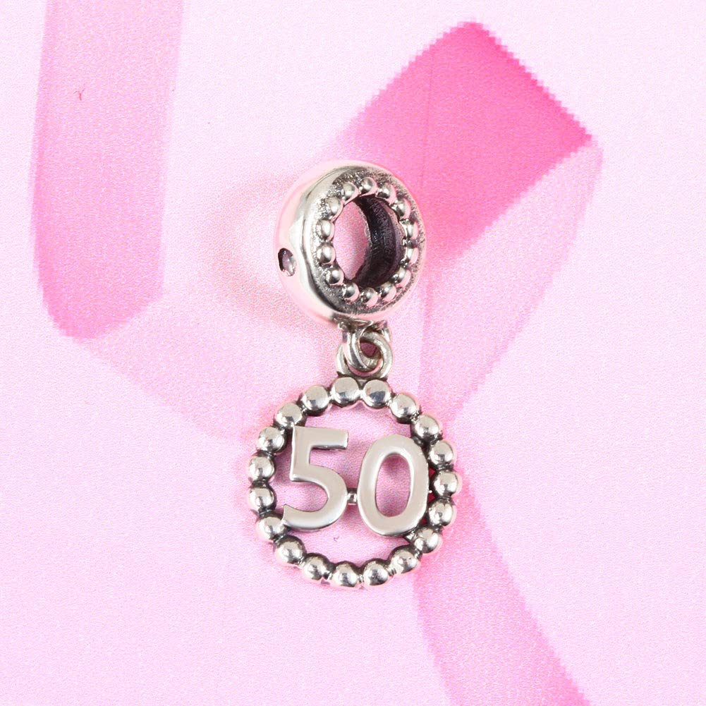 50 Anniversary Birthday Number Charms for Pandora Charm Bracelet, 925 Sterling Silver 50th Milestone Beads Inlay CZ Birthstone Dangle Pendant, Gifts for Mother/Wife/Family