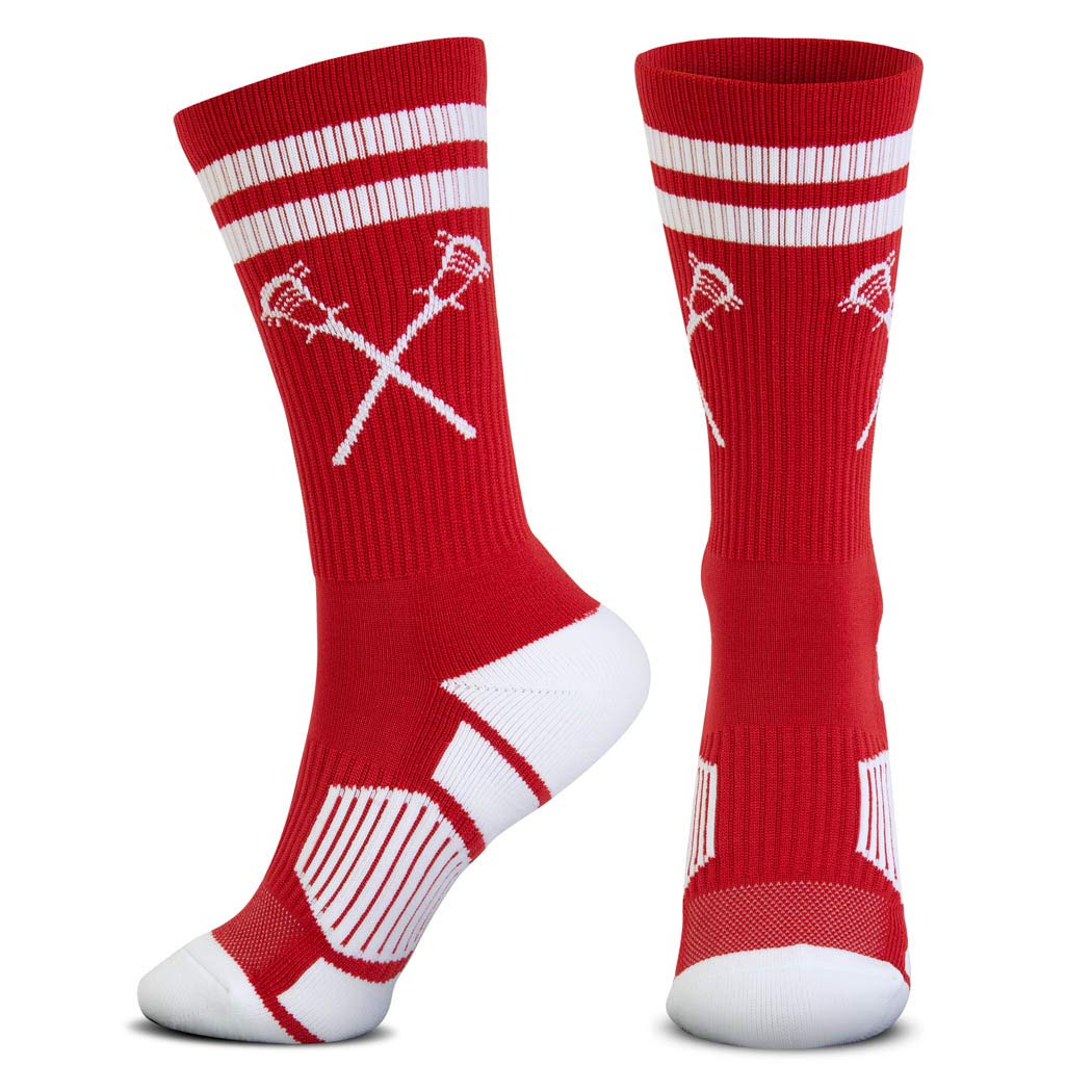 ChalkTalkSPORTS Lacrosse Woven Mid-Calf Socks | Retro Crossed Sticks | Red & White