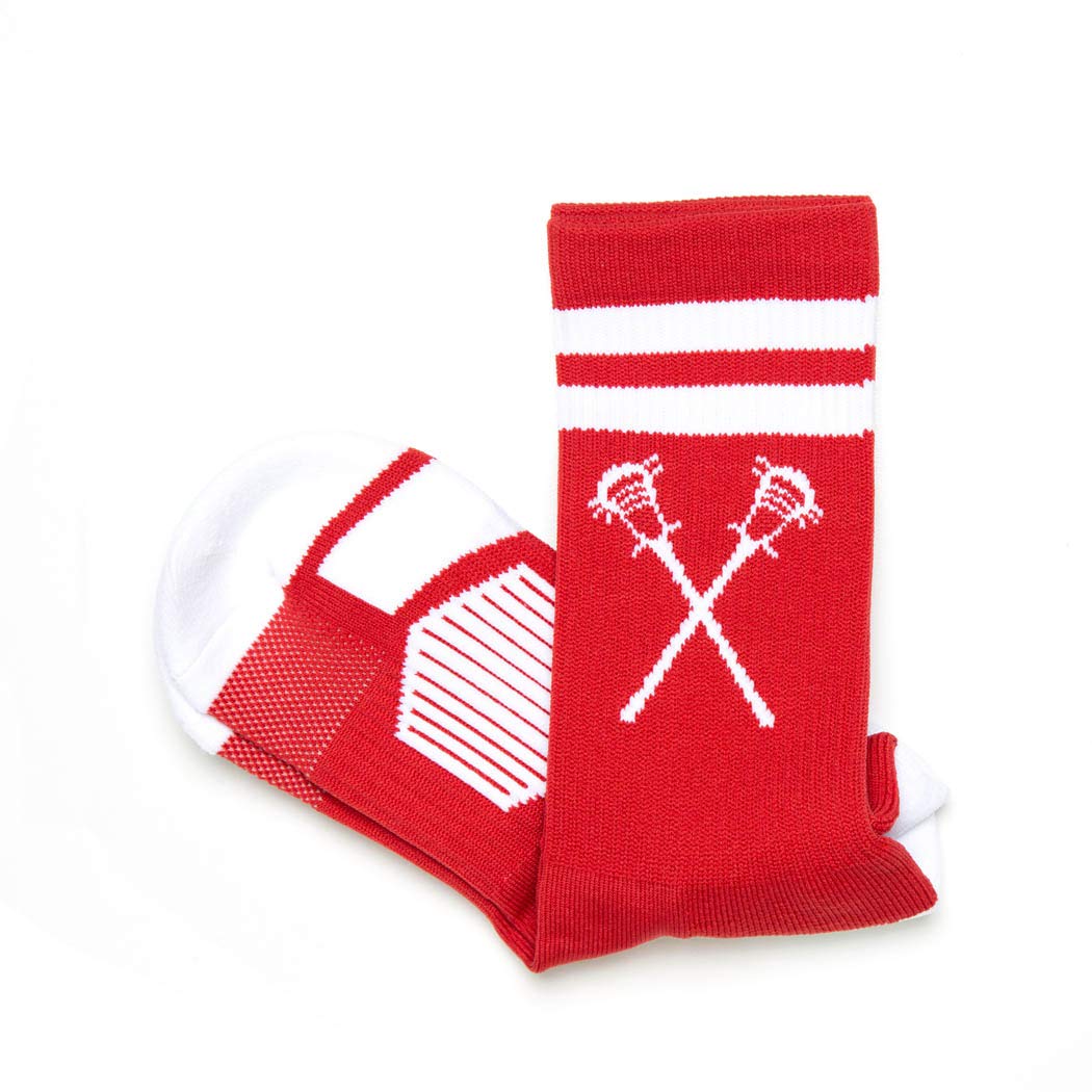 ChalkTalkSPORTS Lacrosse Woven Mid-Calf Socks | Retro Crossed Sticks | Red & White