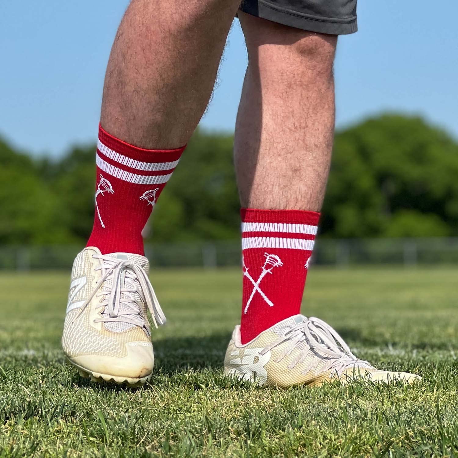 ChalkTalkSPORTS Lacrosse Woven Mid-Calf Socks | Retro Crossed Sticks | Red & White