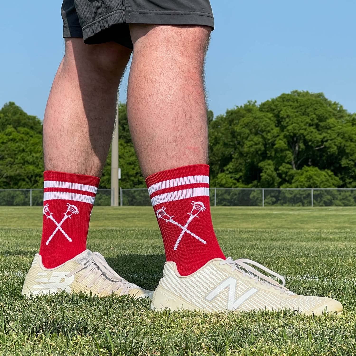 ChalkTalkSPORTS Lacrosse Woven Mid-Calf Socks | Retro Crossed Sticks | Red & White