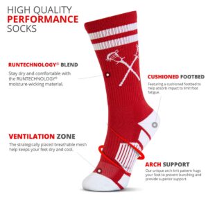 ChalkTalkSPORTS Lacrosse Woven Mid-Calf Socks | Retro Crossed Sticks | Red & White