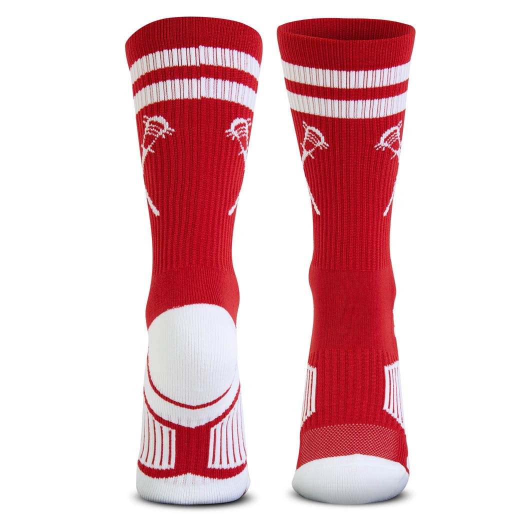 ChalkTalkSPORTS Lacrosse Woven Mid-Calf Socks | Retro Crossed Sticks | Red & White