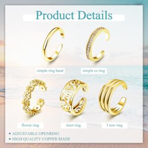 FUNRUN JEWELRY 5PCS Adjustable Toe Ring for Women Open Tail Ring Band Hawaiian Foot Jewelry Gold Tone