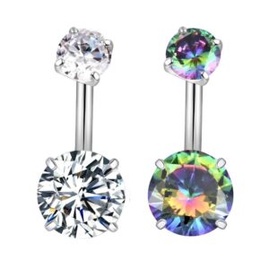 yhmm 14g 3/8"(10mm) stainless steel belly button rings round cubic zirconia navel barbell stud body piercing (2 pcs clear+black ab)