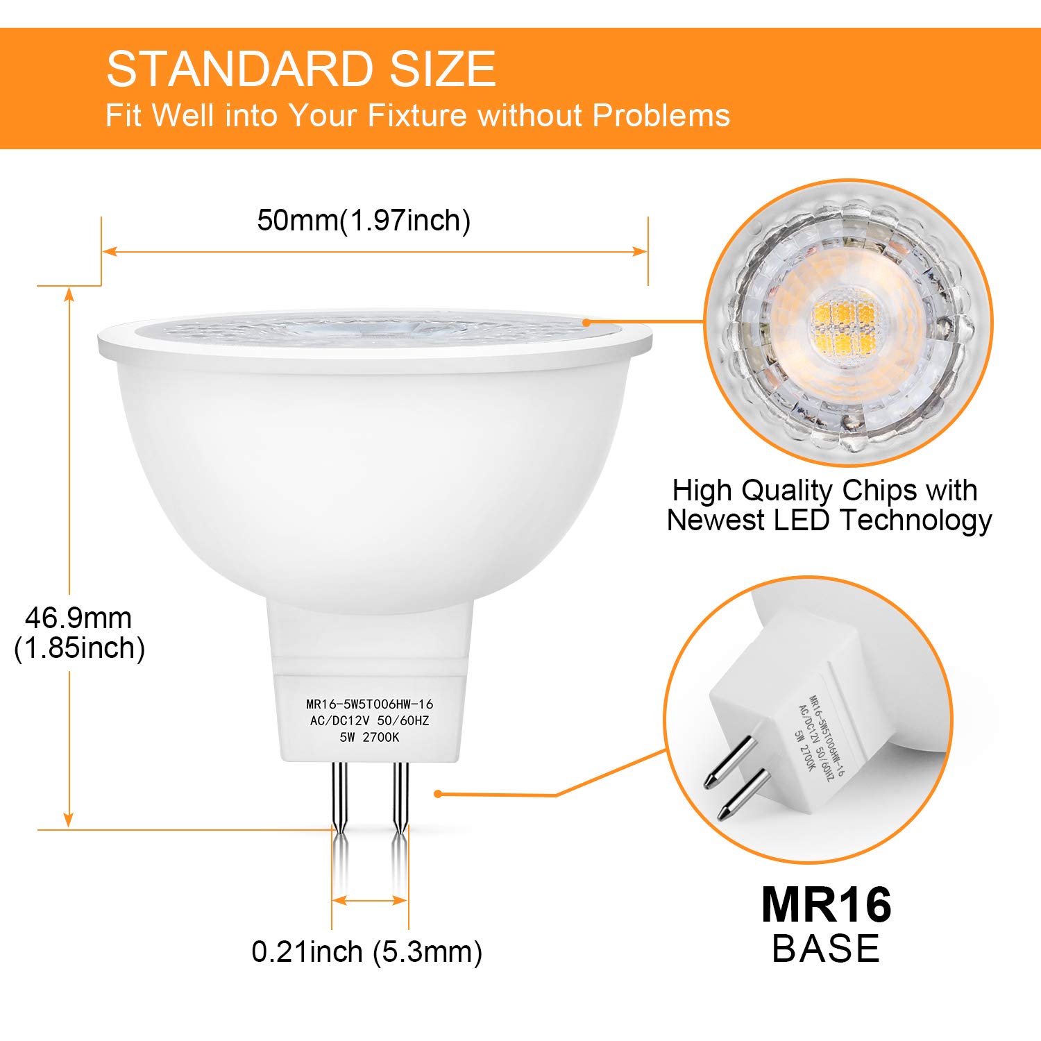 Mlambert 12 Pack MR16 LED Bulbs 50W Halogen Equivalent,2700K Warm White,5W GU5.3 MR16 12V Spotlight Bulb,Non-Dimmable,45° Beam Angle for Landscape