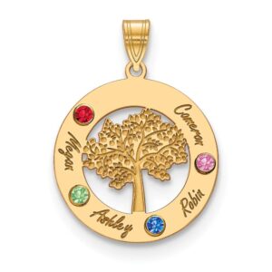 Roy Rose Jewelry 10K Yellow Gold Custom Personalized Family Tree Round Pendant With Engraved Name and Choice of 4 Birthstone from