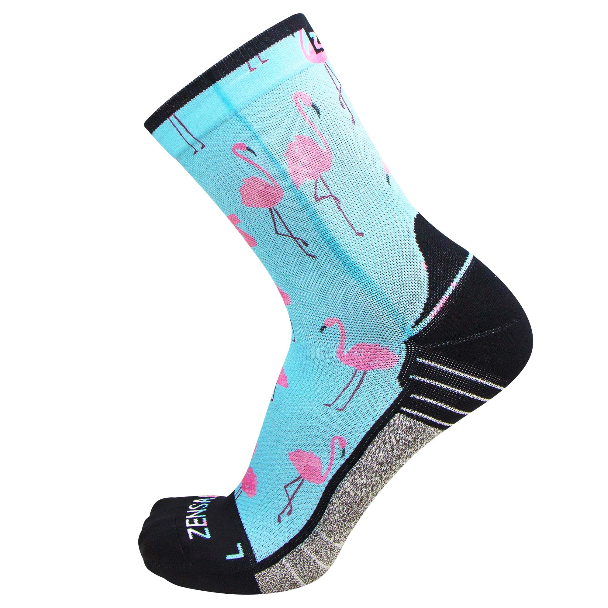 Zensah Limited Edition Mini Crew Running Socks - Anti-Blister, Fun, Athletic Socks for Men and Women (X-Large, Pink Flamingos)