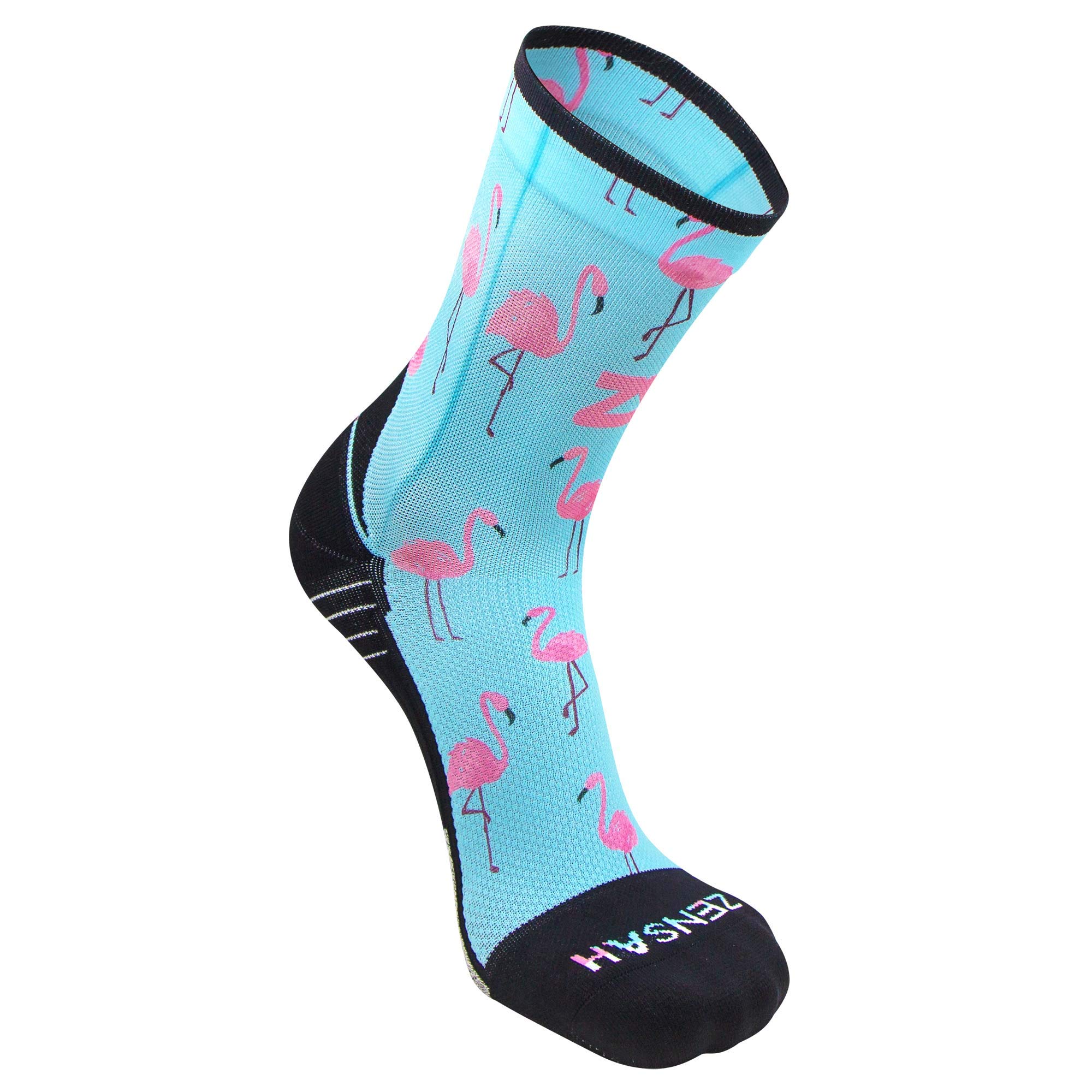 Zensah Limited Edition Mini Crew Running Socks - Anti-Blister, Fun, Athletic Socks for Men and Women (X-Large, Pink Flamingos)