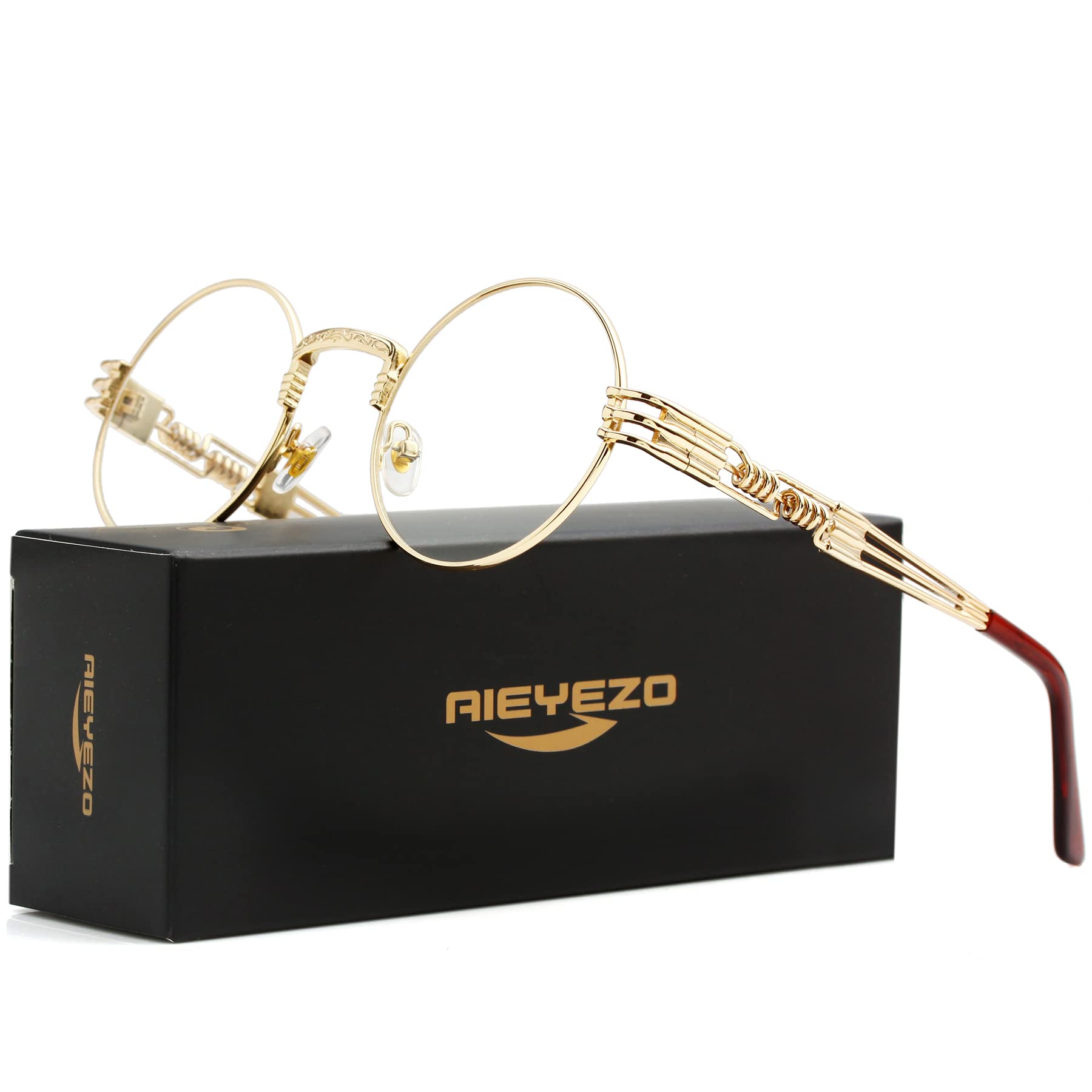 AIEYEZO Round Steampunk Sunglasses Circle Lennon Hippie Glasses Metal Frame 100% UV Blocking Lens (Gold/Transparent)