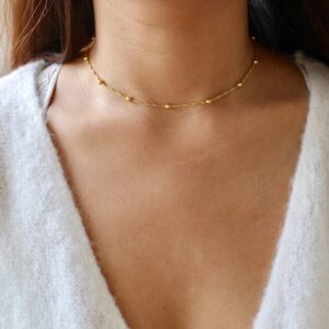 MEVECCO Gold Bead Chain Choker Necklace,14K Gold Plated Dainty Cute Tiny Bead Charm Wave Chain Minimalist Simple Choker Necklace for Women