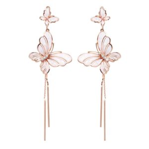 Rose Gold Butterfly Light Pink Enameled with Mother of Pearl Dangle Tassel Long Earrings Pierced