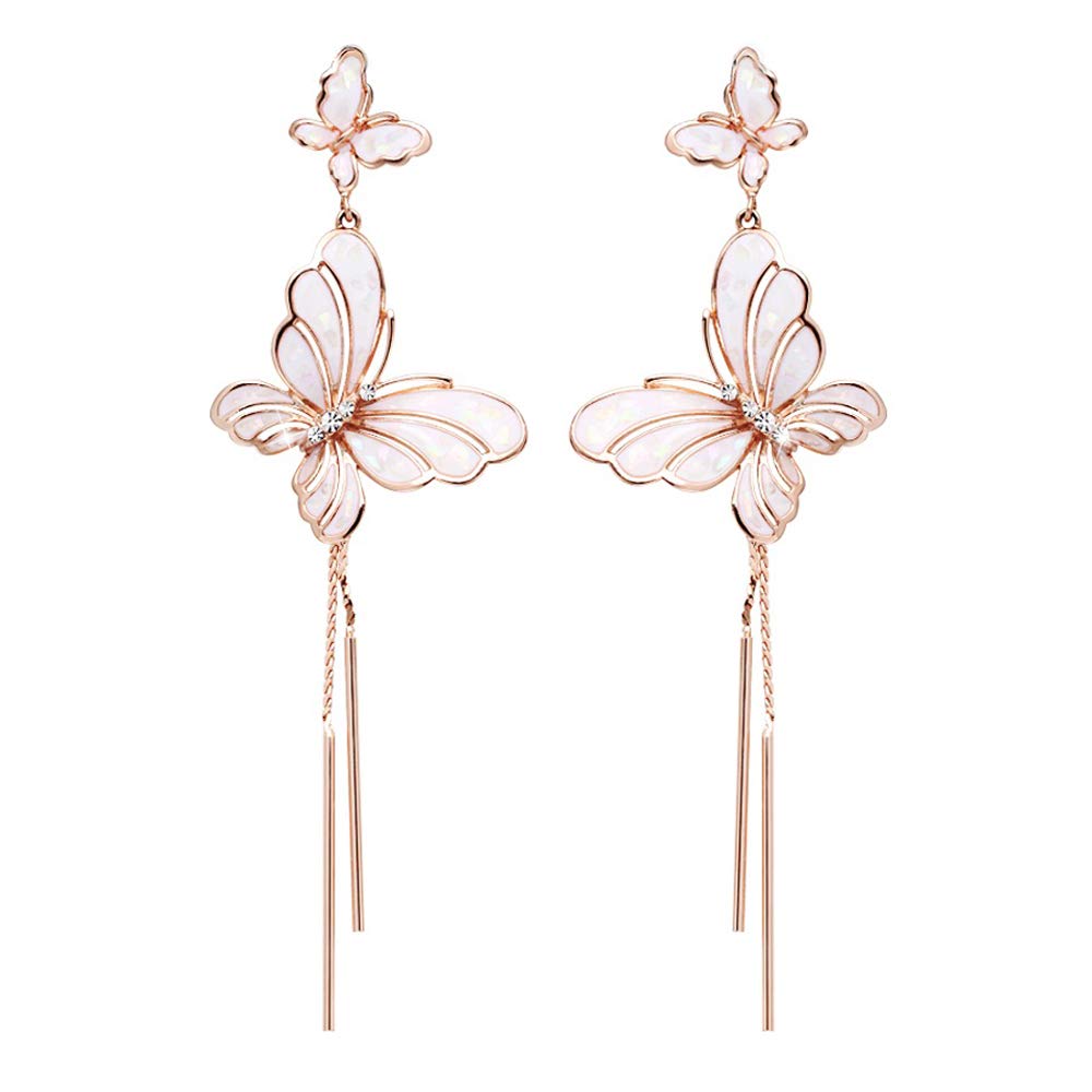 Rose Gold Butterfly Light Pink Enameled with Mother of Pearl Dangle Tassel Long Earrings Pierced